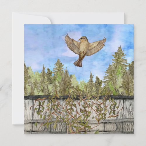 Flying Sparrow Blue Sky Blank Flat Note Card