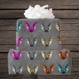 Flying Spooky Bats Various Colours Grunge Grey Wrapping Paper