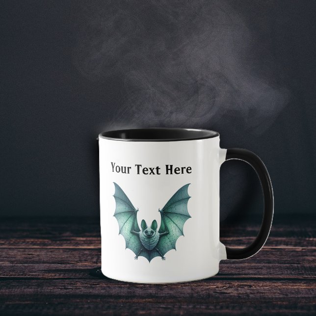 Flying Spooky Furry Bats in Pink and Green Mug (Two spooky Vibrant flying bats, one pink one green on coffee or tee mug.)