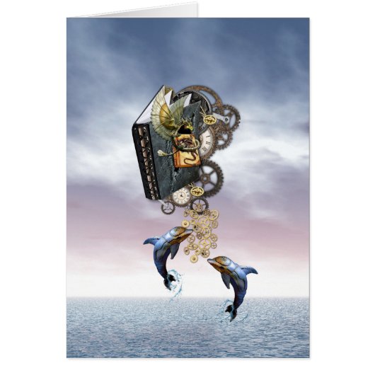 Flying steampunk dragon story book cards (Front)