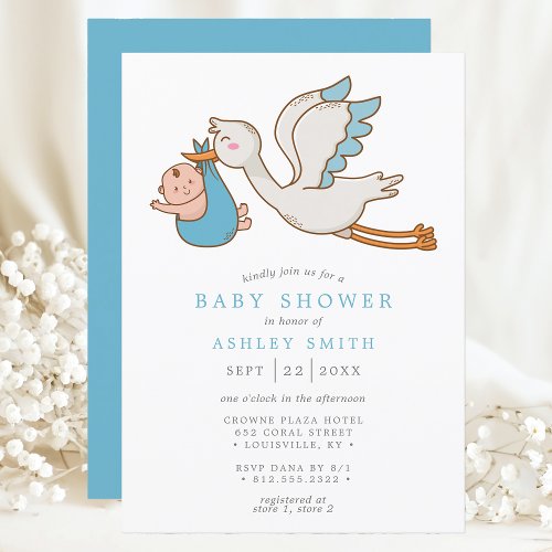 Flying Stork Blue Bird Cute Modern Boy Baby Shower Invitation