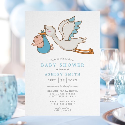 Flying Stork Boy Baby Shower Invitation