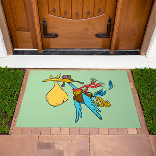 Flying Stork Cartoon with Goggles and Baby Bundle Doormat