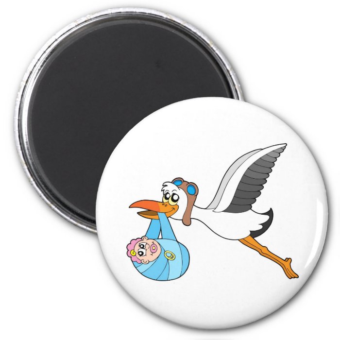 Flying stork delivering baby fridge magnets