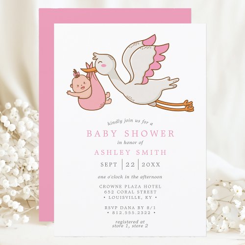 Flying Stork Pink Bird Modern Girl Baby Shower Invitation