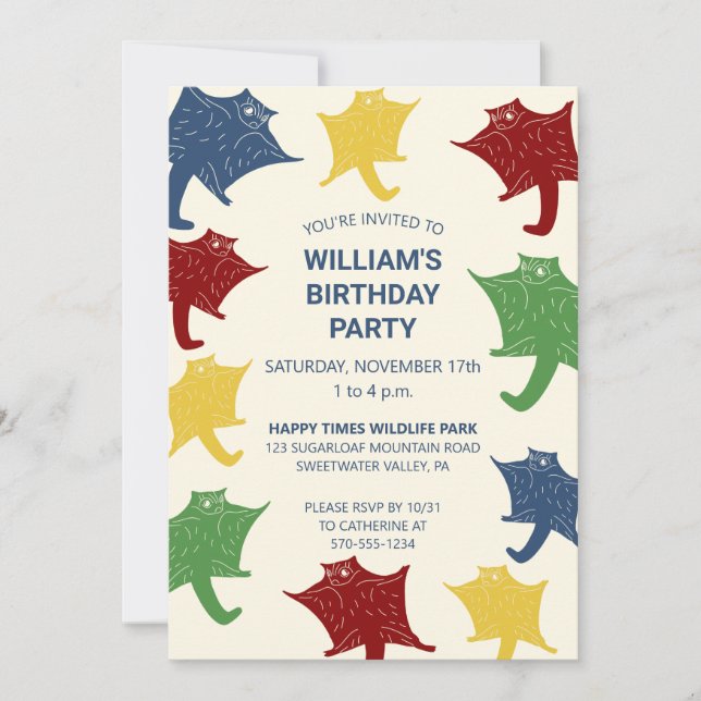 Flying Sugar Gliders in Primary Colors Custom Invitation (Front)