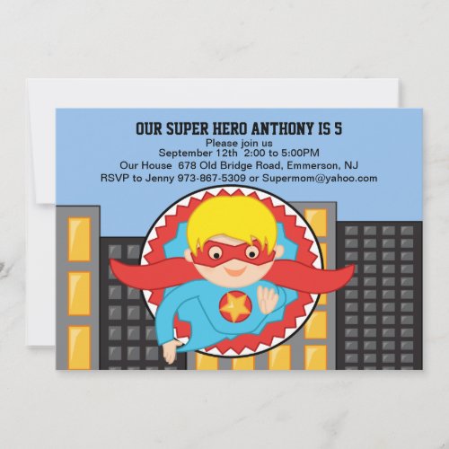 Flying Super Hero Boys Birthday Invitation