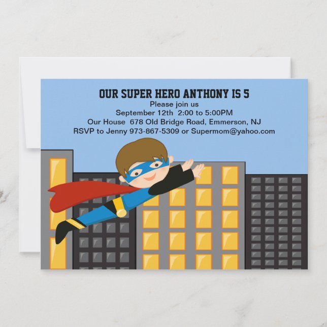 Flying Super Hero Boys Birthday Invitation (Front)