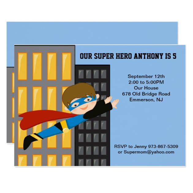 Flying Super Hero Boys Birthday Invitation