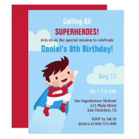 Flying Superhero Boy Kids Birthday Party Invitation