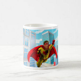 Flying Superhero Comic Style Red and Yellow Hero  Coffee Mug