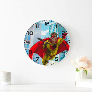 Flying Superhero Comic Style Red and Yellow Hero Large Clock