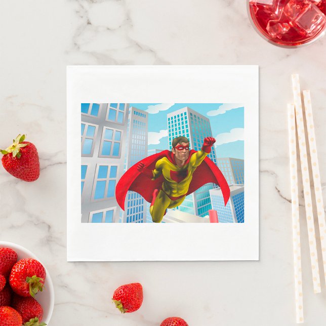 Flying Superhero Comic Style Red and Yellow Hero  Napkins (Creator Uploaded)