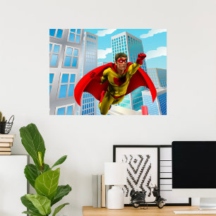 Flying Superhero Comic Style Red and Yellow Hero  Poster