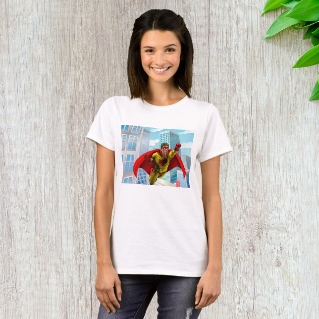 Flying Superhero Comic Style Red and Yellow Hero  T-Shirt (Creator Uploaded)