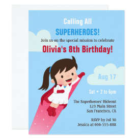 Flying Superhero Girl Kids Birthday Party Invitation