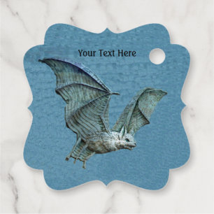 Flying Surreal Blue Bat With White Face on Blue Favor Tags