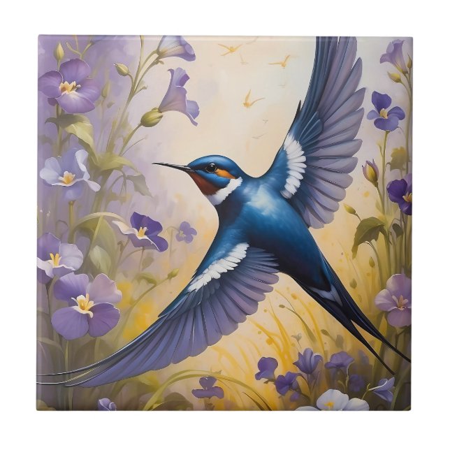 Flying Swallow Field of Violet Flowers Ceramic Tile (Front)