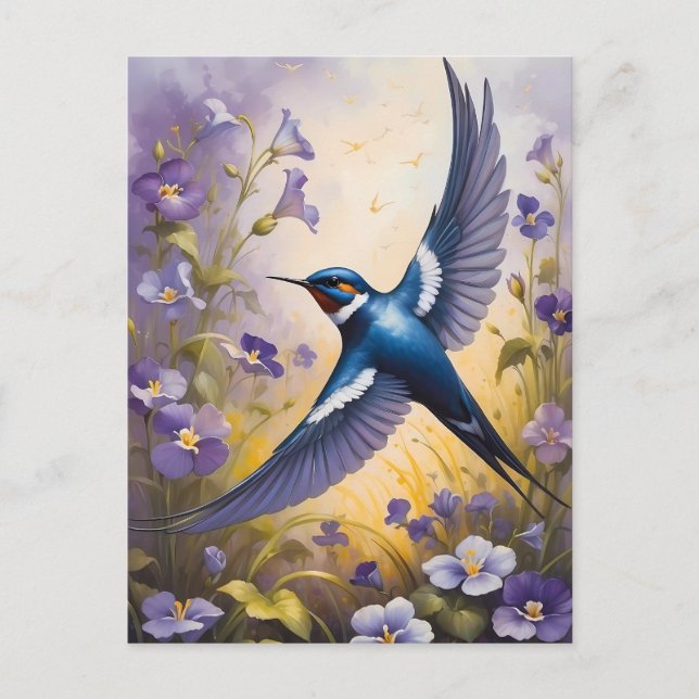 Flying Swallow Field of Violet Flowers Postcard (Front)