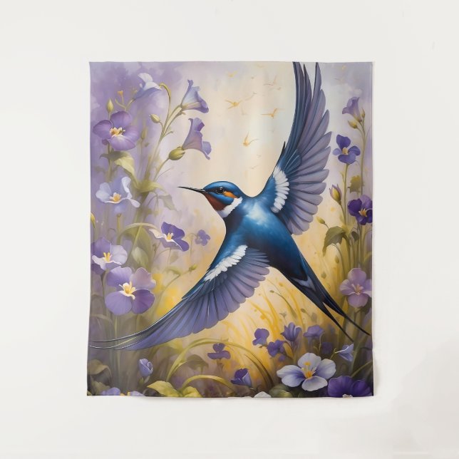 Flying Swallow Field of Violet Flowers Tapestry (Front)