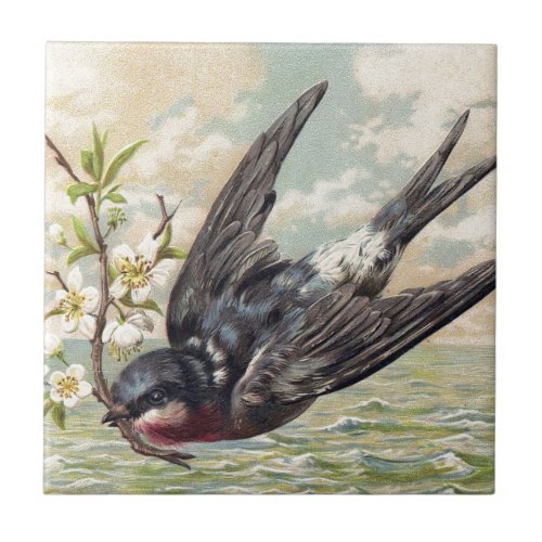 Flying swallow with flower twig ceramic tile