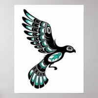 Flying Teal Blue and Black Haida Spirit Bird Poster
