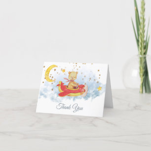 *~* Flying Teddy Bear Red Plane Moon Stars Letterpress Thank You Card