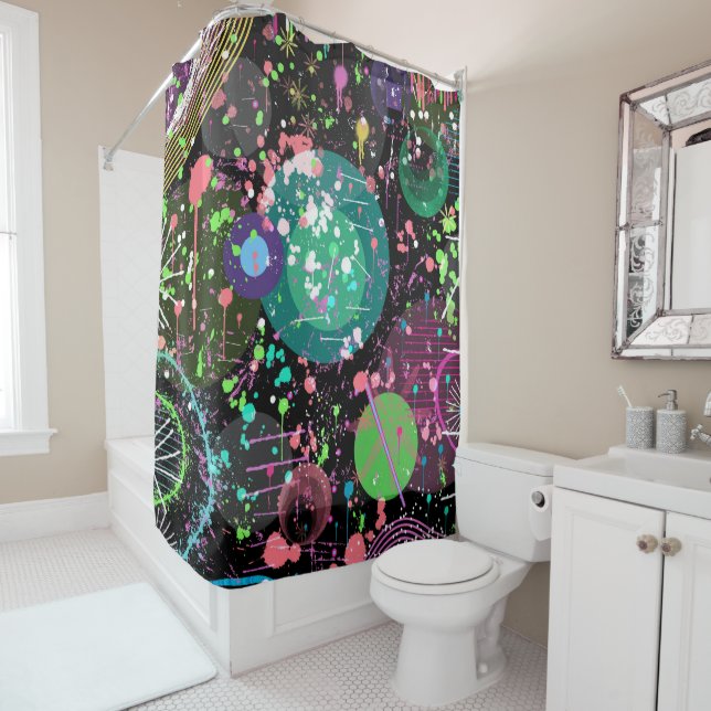 Flying Through Space: A Maximalist Abstract  Shower Curtain (In Situ)