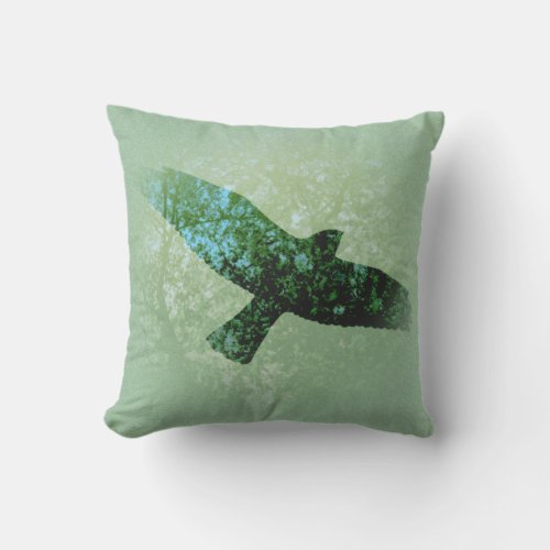 Flying Transparent Black Bird Green Tree Tops Outdoor Pillow