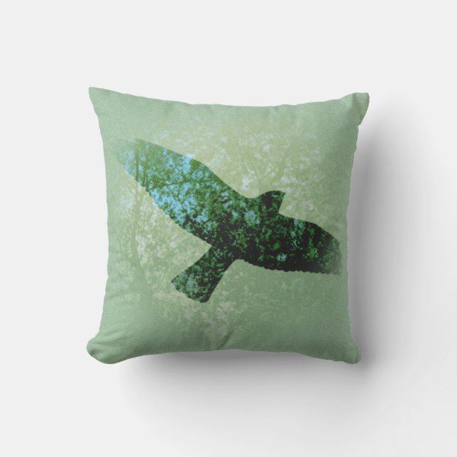 Flying Transparent Black Bird Green Tree Tops Outdoor Pillow (Front)