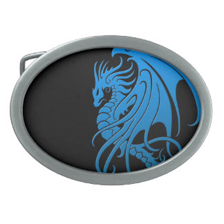 Flying Tribal Dragon - blue on black Belt Buckle