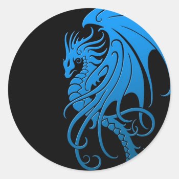 Flying Tribal Dragon - Blue On Black Classic Round Sticker by JeffBartels at Zazzle