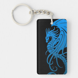 Flying Tribal Dragon - blue on black Keychain