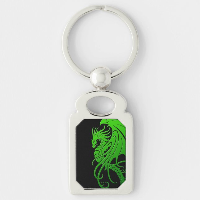 Flying Tribal Dragon - Green on black Keychain (Front)