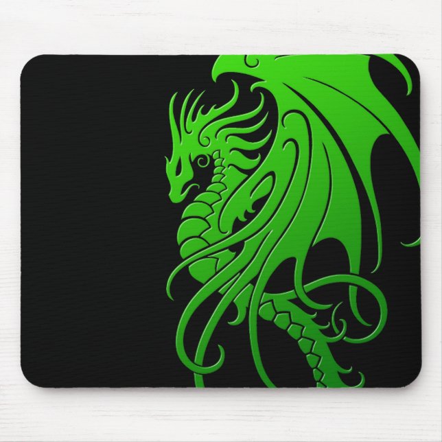 Flying Tribal Dragon - green on black Mouse Pad (Front)