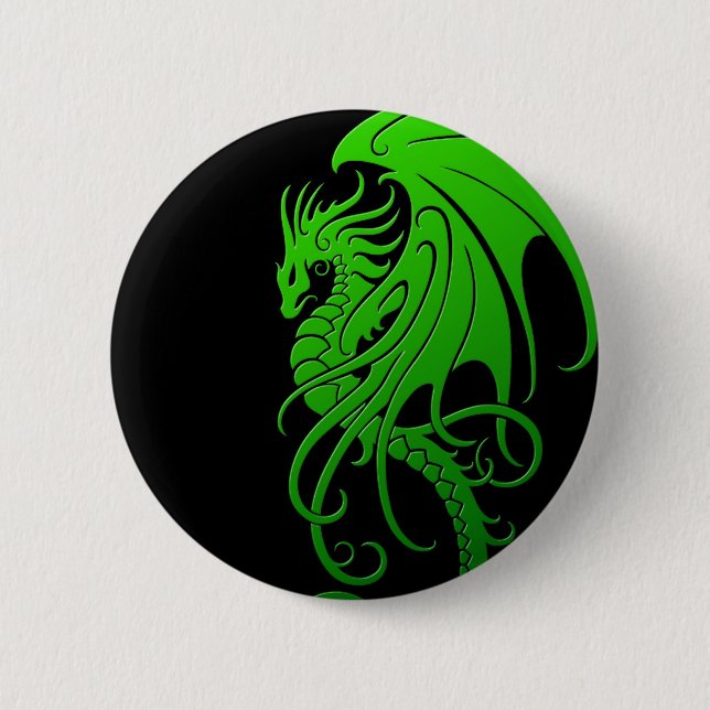 Flying Tribal Dragon - green on black Pinback Button (Front)