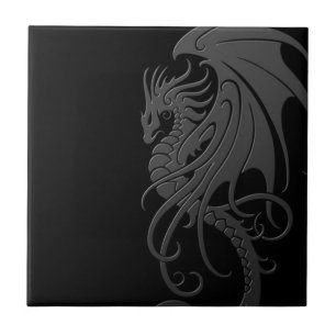 Flying Tribal Dragon - grey on black Ceramic Tile