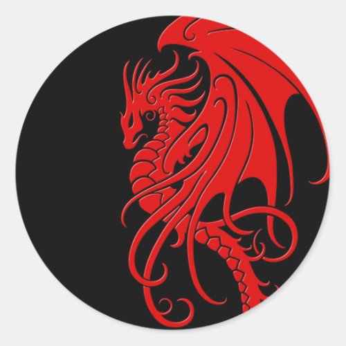 Flying Tribal Dragon _ red on black Classic Round Sticker