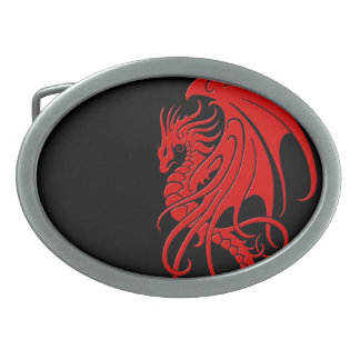 Flying Tribal Dragon - red on black Oval Belt Buckle