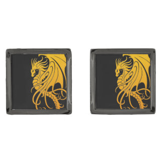 Flying Tribal Dragon - Yellow on black Gunmetal Finish Cufflinks