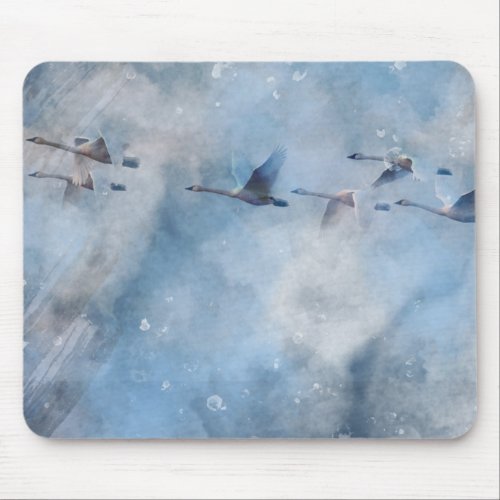 Flying Tundra Swans Artistic Blue Background Photo Mouse Pad
