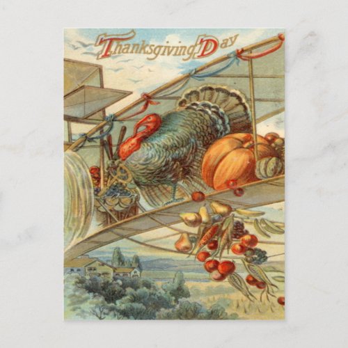 Flying Turkey Airplane Pumpkin Apple Pear Corn Postcard