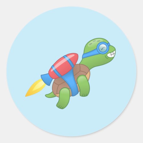Flying Turtle with a Red Jetpack Blue Classic Round Sticker