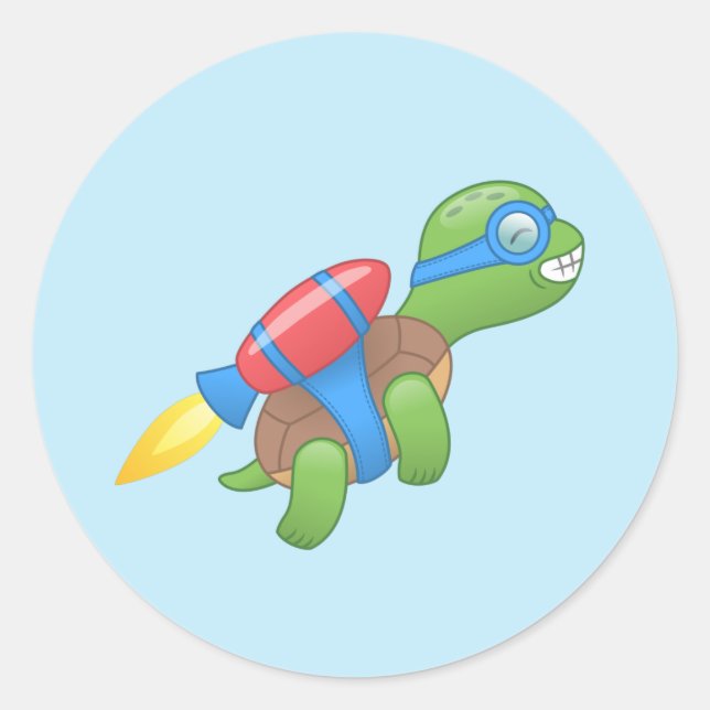 Flying Turtle with a Red Jetpack Blue Classic Round Sticker (Front)