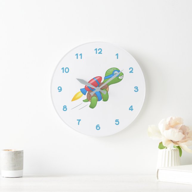 Flying Turtle with a Red Jetpack Large Clock (Home)