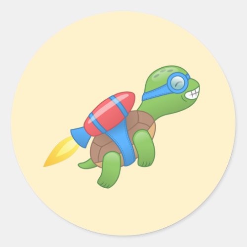 Flying Turtle with a Red Jetpack Yellow Classic Round Sticker