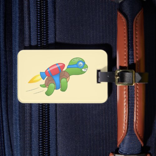 Flying Turtle with a Red Jetpack Yellow Luggage Tag