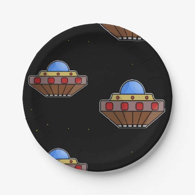 Flying ufo in space black paper plates (Front)