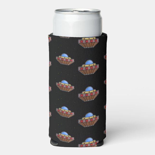 Flying ufo in space black seltzer can cooler (Seltzer Front)