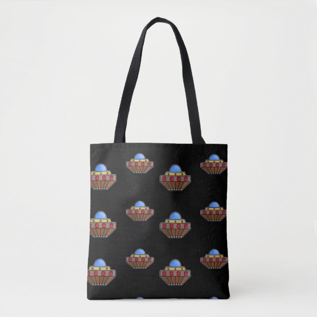 Flying ufo in space black tote bag (Front)